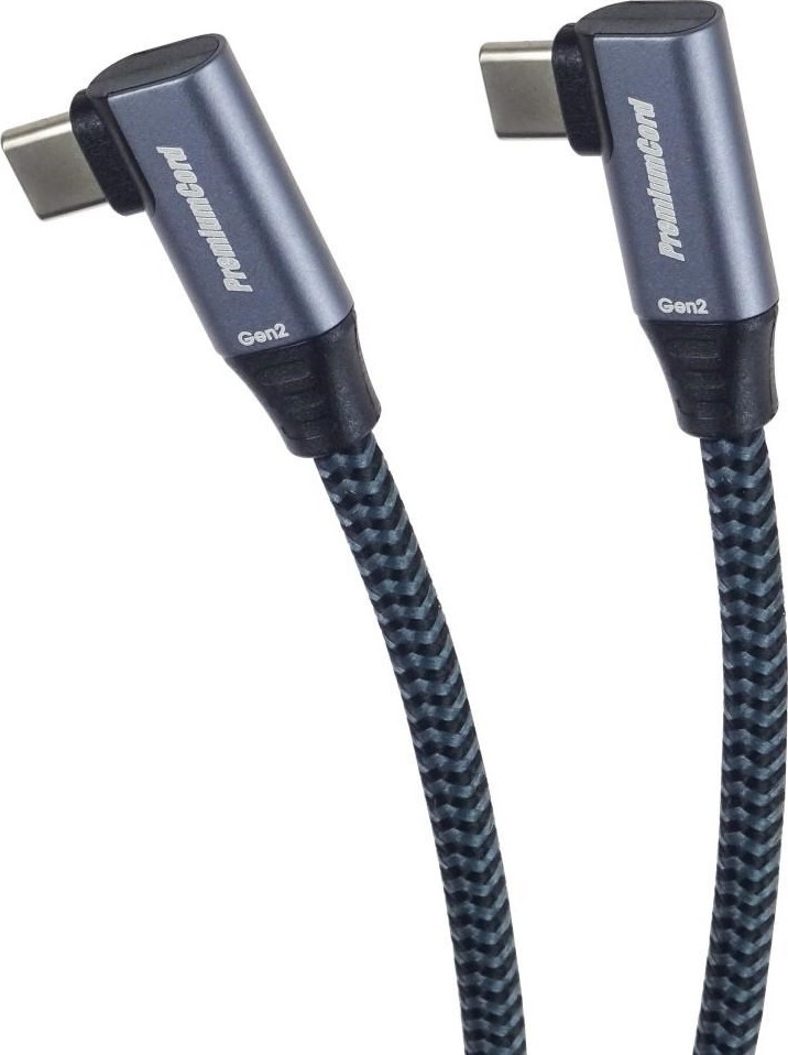 PremiumCord USB-C 2x zahnutý kabel ( USB 3.2 GEN 2x2, 5A, 100W, 20Gbit/s ) bavlněný oplet, délka: 0,5m