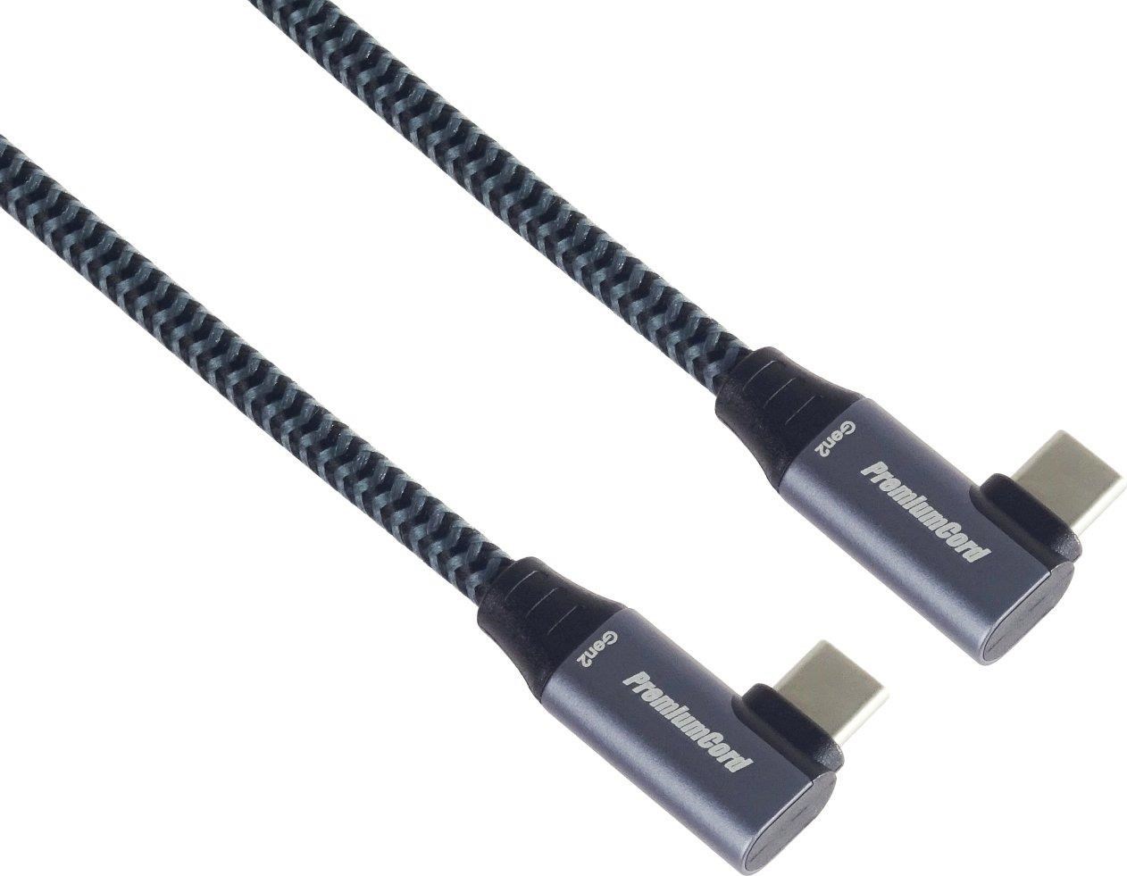 PremiumCord USB-C 2x zahnutý kabel ( USB 3.2 GEN 2x2, 5A, 100W, 20Gbit/s ) bavlněný oplet, délka: 0,5m