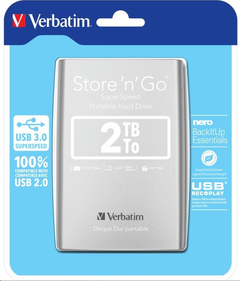 VERBATIM HDD 2.5" 2TB Store 'n' Go USB 3.0, Strieborná