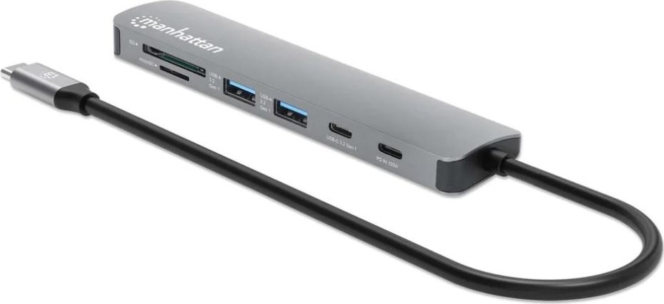 MANHATTAN Dokovací stanice USB-C 7v1, 1xHDMI, 2xUSB-C, 2xUSB, čtečka SD karet, šedá