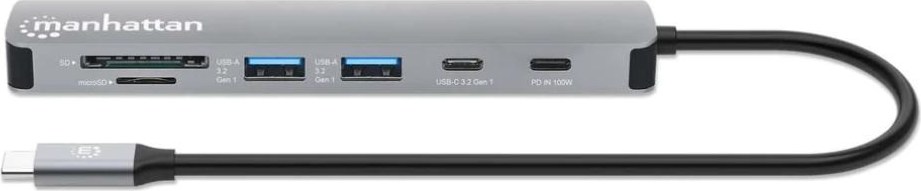 MANHATTAN Dokovací stanice USB-C 7v1, 1xHDMI, 2xUSB-C, 2xUSB, čtečka SD karet, šedá