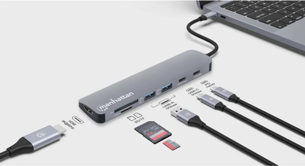 MANHATTAN Dokovací stanice USB-C 7v1, 1xHDMI, 2xUSB-C, 2xUSB, čtečka SD karet, šedá