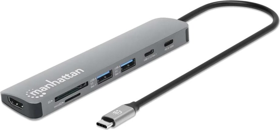 MANHATTAN Dokovací stanice USB-C 7v1, 1xHDMI, 2xUSB-C, 2xUSB, čtečka SD karet, šedá