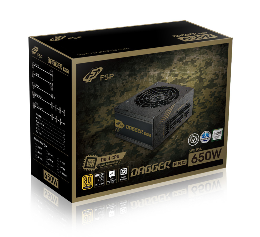 Napájací zdroj Fortron 650W DAGGER PRO 650, 80+ GOLD, Full Range, modulárny kábel, SFX&ATX, plná ochrana, 8cm dual BB