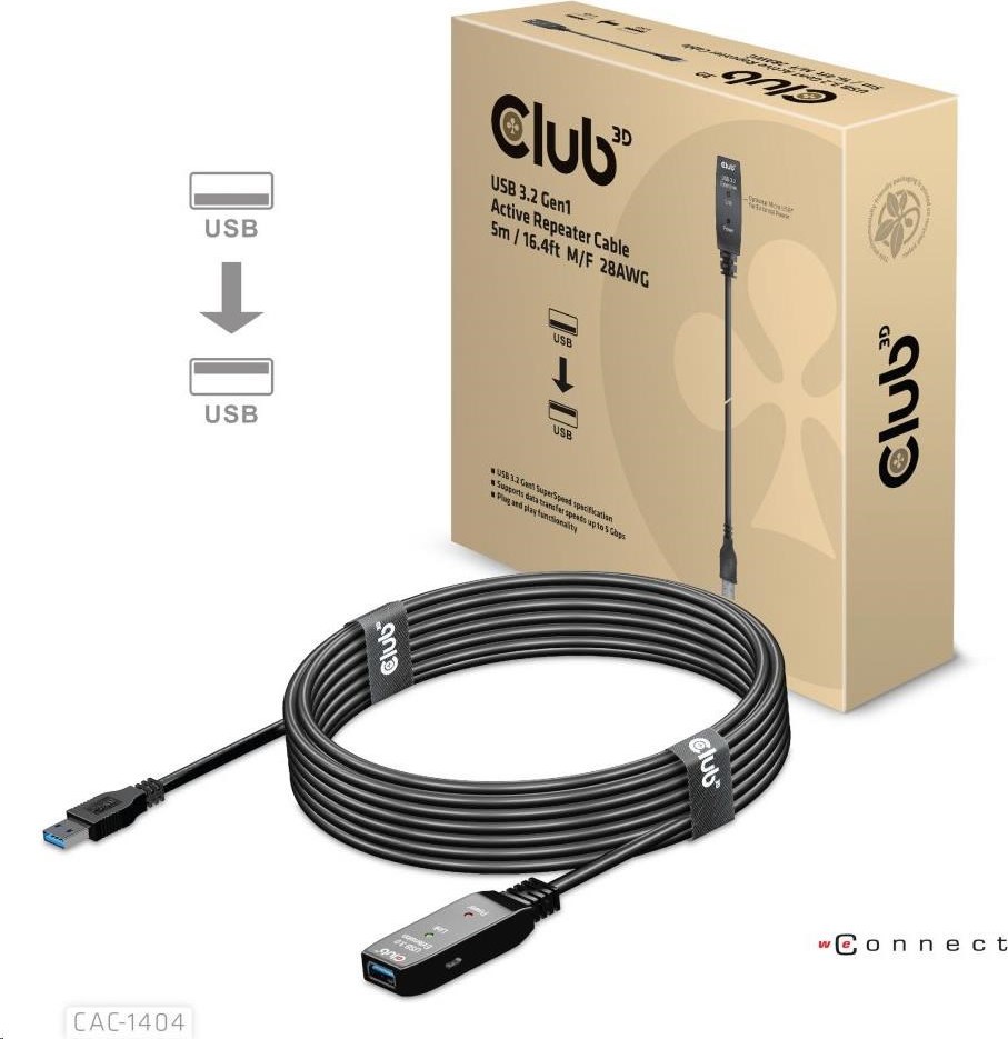 Club 3D Kábel USB Club3D 3.2 Kábel aktívneho opakovača Gen1 M/F 28AWG, 5 m