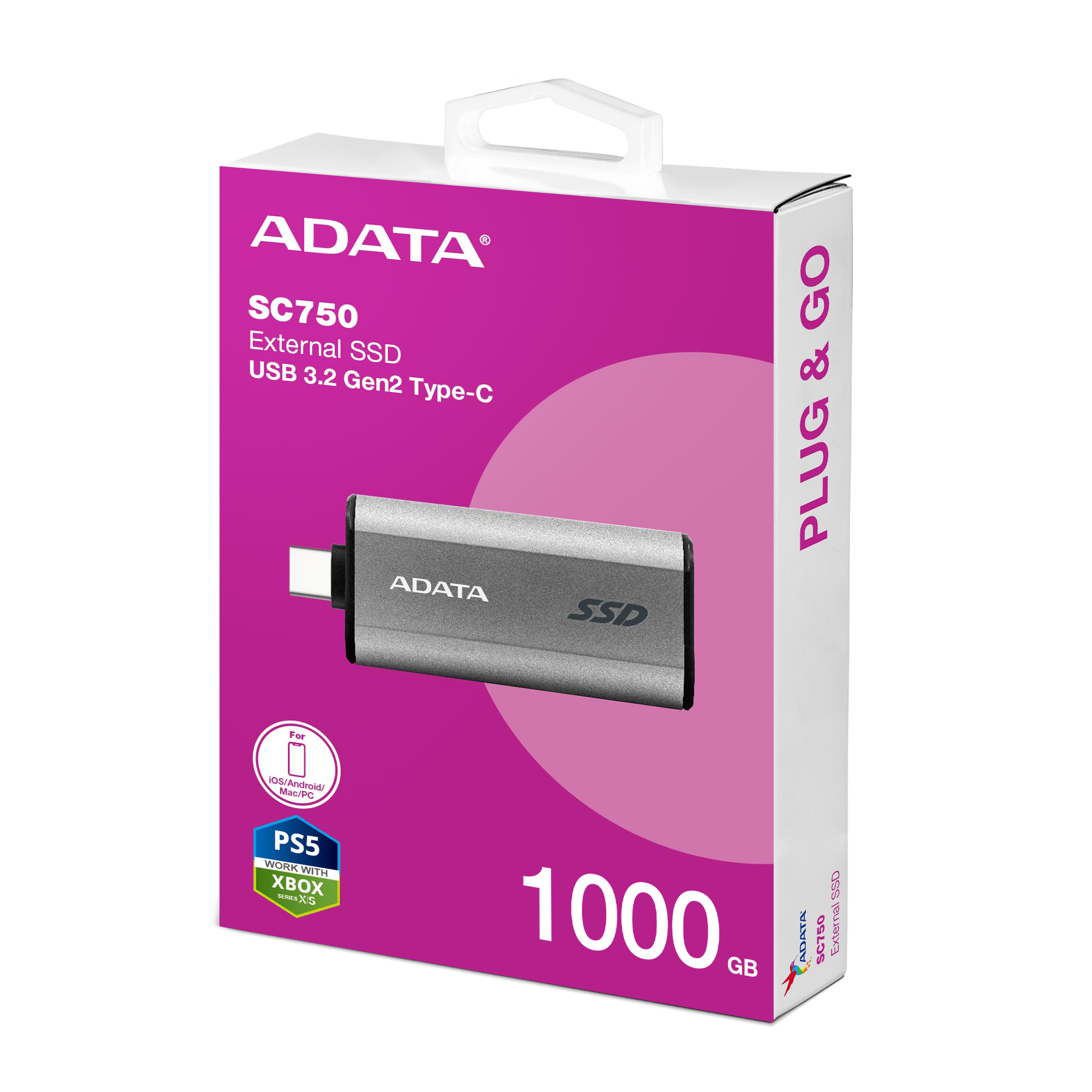 A-Data ADATA External SSD 1TB SC750, USB-C 3.2 Gen2, Černá