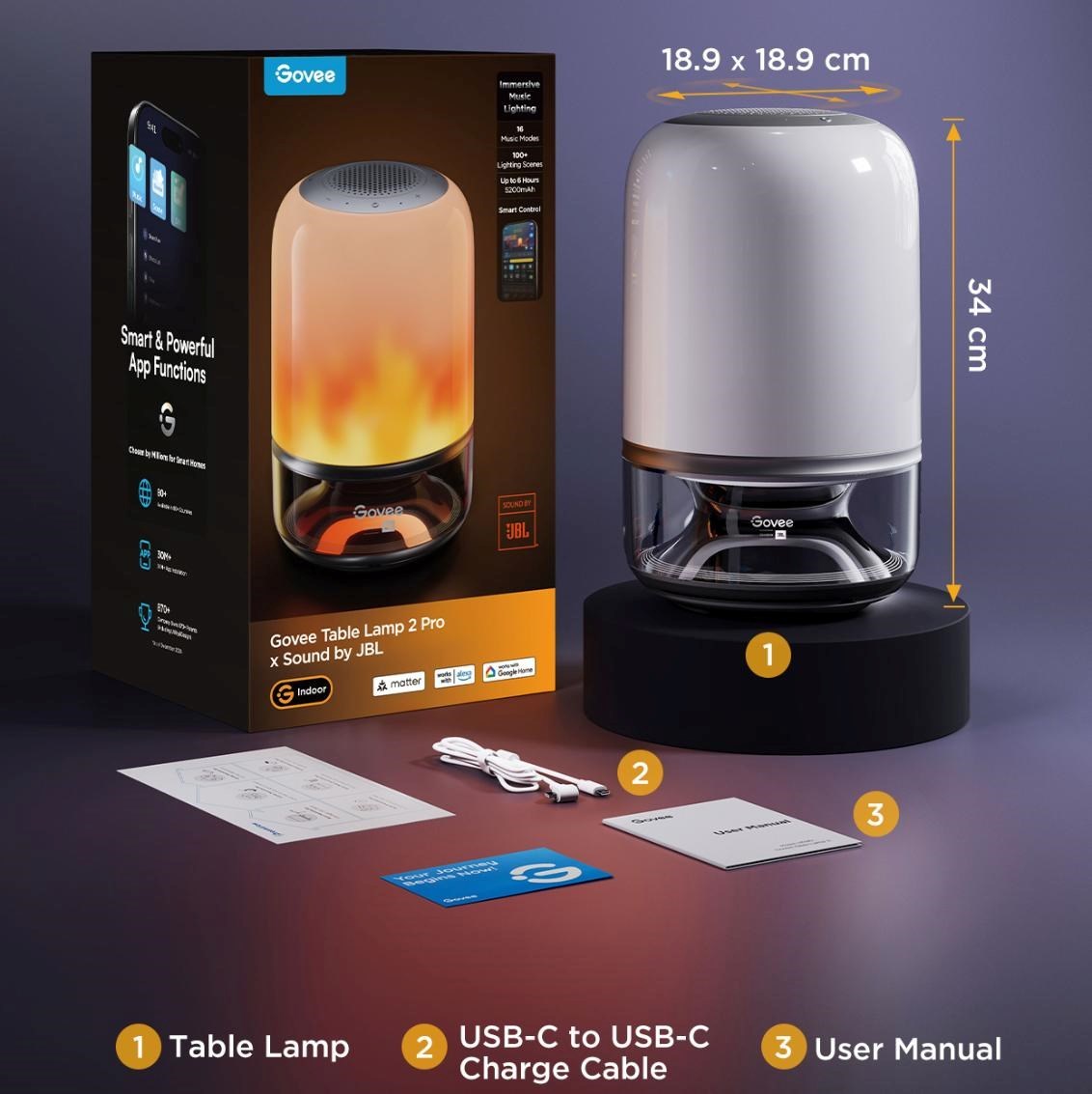 Govee Table Lamp 2 RGBW Akumulátorová lampa s reproduktorem - zvuk od JBL