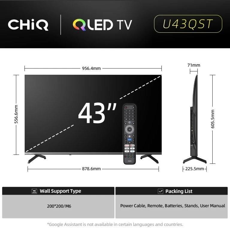 CHiQ U43QST TV 43", UHD, QLED, ultratenká, Google TV, DLG 120 Hz, Dolby Audio, Frameless, metalická