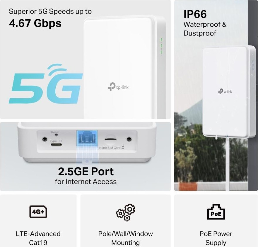 TP-Link NE200-Outdoor venkovní 5G, 4G LTE router (5G, 4G LTE,1x2,5GbE,1xnanoSIM)