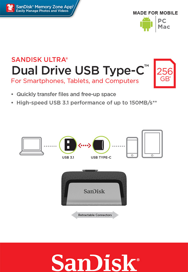 SanDisk Ultra Dual/256GB/USB 3.1/USB-A + USB-C/Šedá