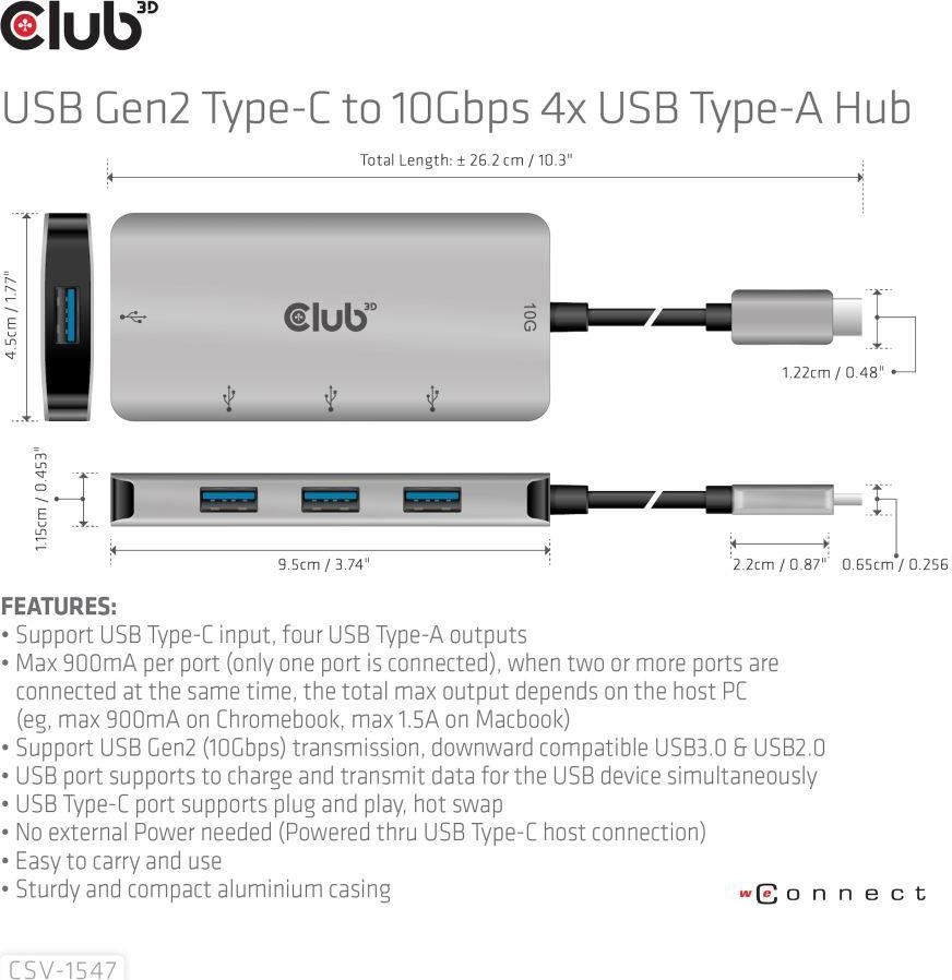 Club 3D Club3D Hub USB-C Gen2 na 10Gbps 4x USB Type-A Hub