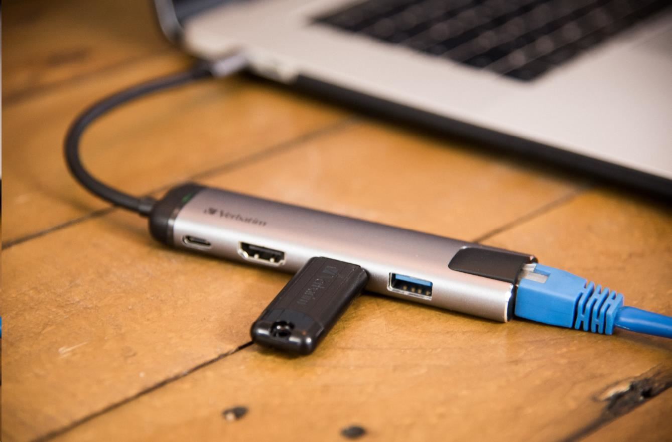 VERBATIM 49141 Multiportový USB-C HUB, 2x USB 3.0, 1x USB-C, HDMI, LAN, šedý dok
