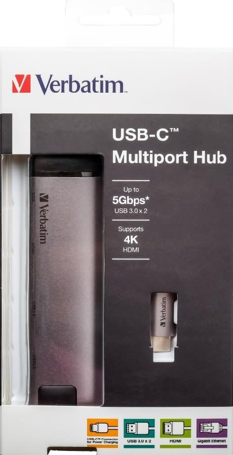 VERBATIM 49141 Multiportový USB-C HUB, 2x USB 3.0, 1x USB-C, HDMI, LAN, šedý dok