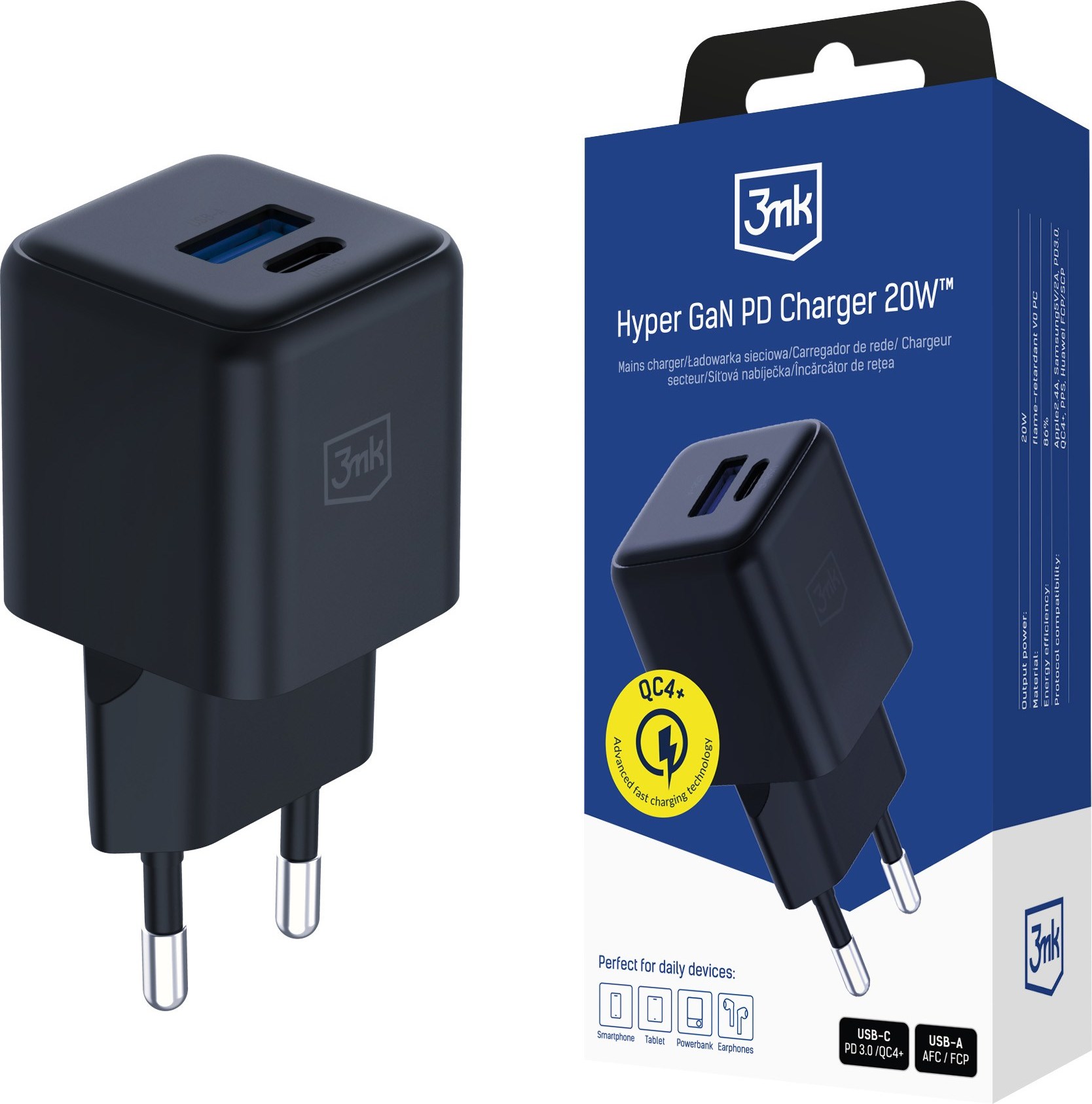 3mk síťová nabíječka Hyper GaN Charger 20W, černá