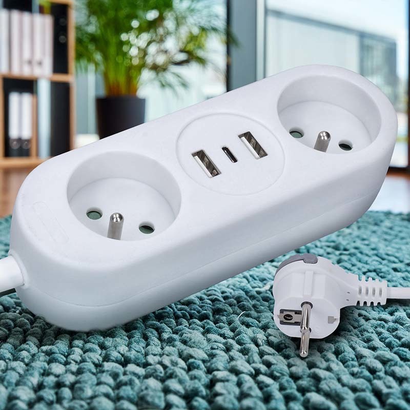 Solight 2z + USB A+C 17W, cestovní prodlužovací přívod 1.5m, bílý
