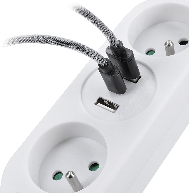 Solight 2z + USB A+C 17W, cestovní prodlužovací přívod 1.5m, bílý
