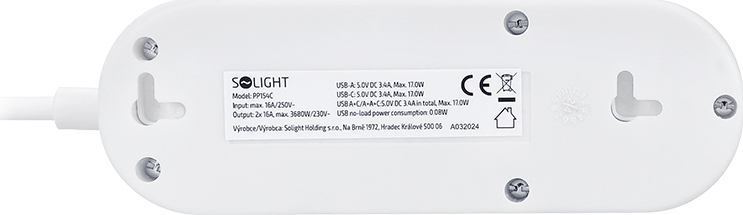Solight 2z + USB A+C 17W, cestovní prodlužovací přívod 1.5m, bílý