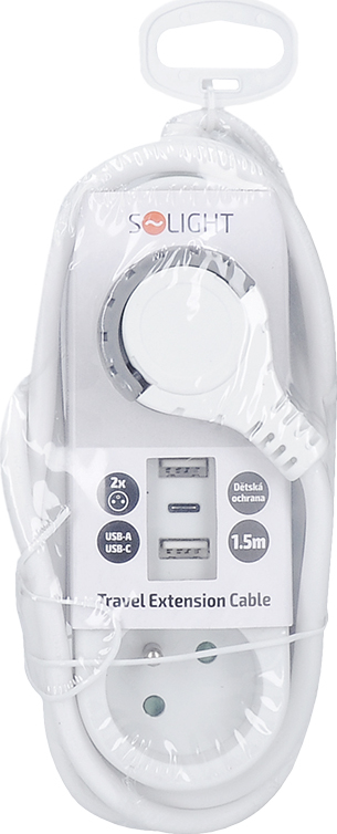 Solight 2z + USB A+C 17W, cestovní prodlužovací přívod 1.5m, bílý