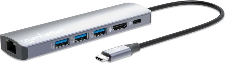 MANHATTAN Dokovací stanice USB-C 6v1, 1xHDMI, 1xUSB-C, 3xUSB, 1xRJ45, šedá