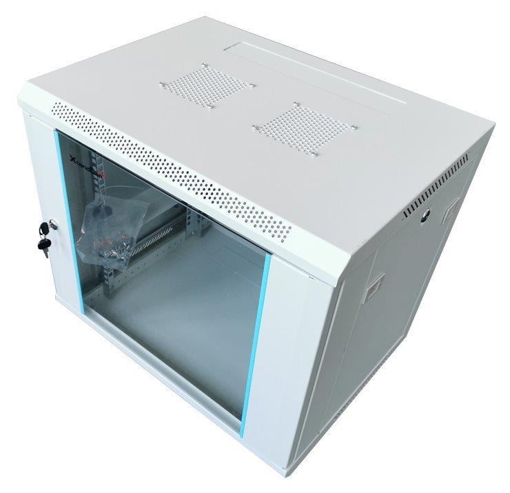 XtendLan 19" nástěnný rozvaděč 9U 600x450, nosnost 60 kg, skleněné dveře, svařovaný, šedý