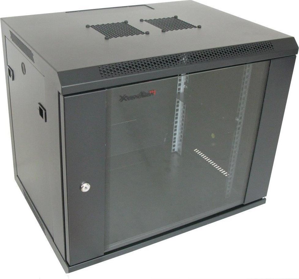 XtendLan 19" nástěnný rozvaděč 9U 600x450, nosnost 60 kg, skleněné kouřové dveře, rozložený, černý