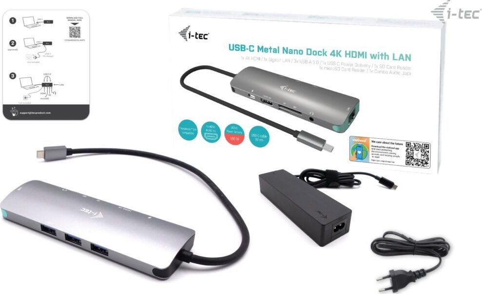 i-tec USB-C Metal Nano Docking Station 4K HDMI LAN with Power Delivery 100 W + Charger 100W