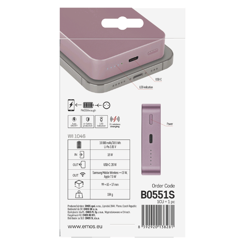EMOS POWERBANKA WI1046, bezdrátové nabíjení 20W, 10.000mAh, LOSOSOVÁ, 1xUSB-C