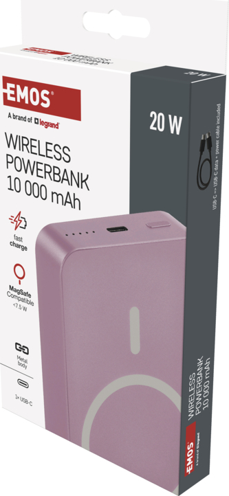 EMOS POWERBANKA WI1046, bezdrátové nabíjení 20W, 10.000mAh, LOSOSOVÁ, 1xUSB-C