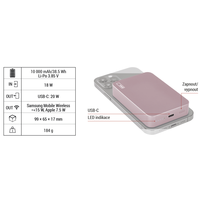 EMOS POWERBANKA WI1046, bezdrátové nabíjení 20W, 10.000mAh, LOSOSOVÁ, 1xUSB-C