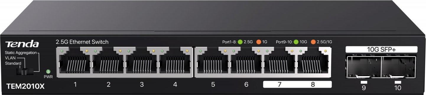 Tenda TEM2010X - Multi-gigabit switch, 8x 2.5G RJ45 + 2x 10G SFP+ port, MAC 16K, ochrana 6kV