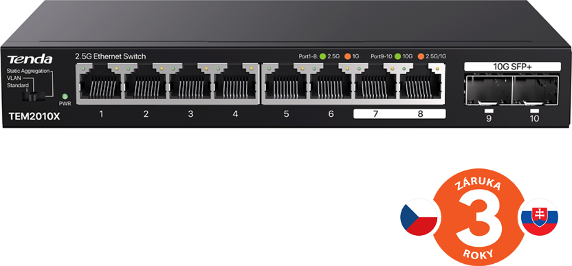 Tenda TEM2010X - Multi-gigabit switch, 8x 2.5G RJ45 + 2x 10G SFP+ port, MAC 16K, ochrana 6kV