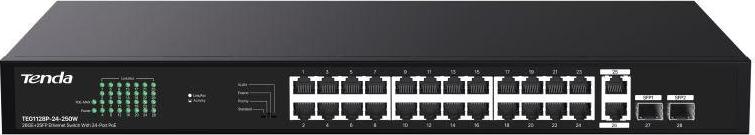 Tenda TEG1128P-24-250W PoE+ Gigabit switch 24x 1Gb/s PoE+ 802.3af/at + 2x SFP + 2x RJ45, 230W, Rack