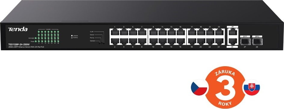 Tenda TEG1128P-24-250W PoE+ Gigabit switch 24x 1Gb/s PoE+ 802.3af/at + 2x SFP + 2x RJ45, 230W, Rack