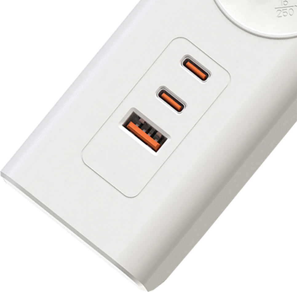 Viking síťová prodlužovací zásuvka YC53, 5x AC 230V, 1x USB-A, 2x USB-C, délka 1,5 m, bílá