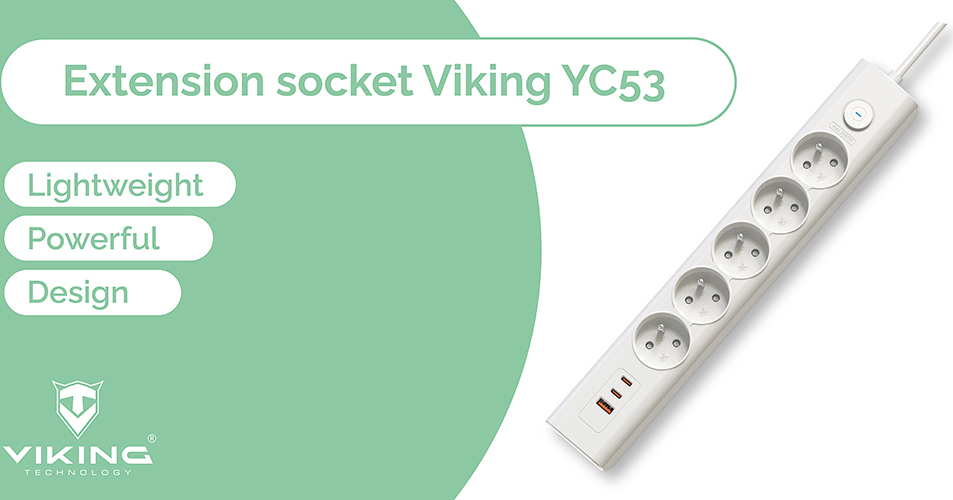 Viking síťová prodlužovací zásuvka YC53, 5x AC 230V, 1x USB-A, 2x USB-C, délka 1,5 m, černá