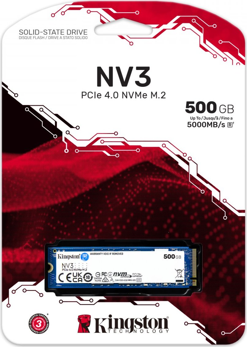 Kingston SSD 500GB NV3, M.2 2280, NVMe PCIe Gen4x4, (R: 5000MB/s; W: 3000MB/s)