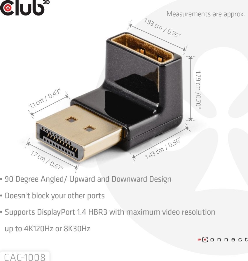 Club 3D Club3D Adaptér DisplayPort na DisplayPort 1.4, 4K120Hz, 8K30Hz, 90°