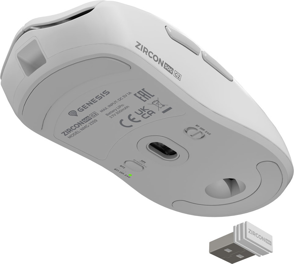 Genesis herní myš ZIRCON 500 G2/Herní/Optická/10 000 DPI/USB+BT/Bílá
