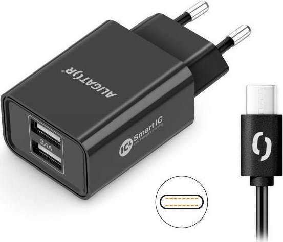 Aligator síťová nabíječka, 2x USB, smart IC, 2,4 A, kabel USB-C 2A, černá