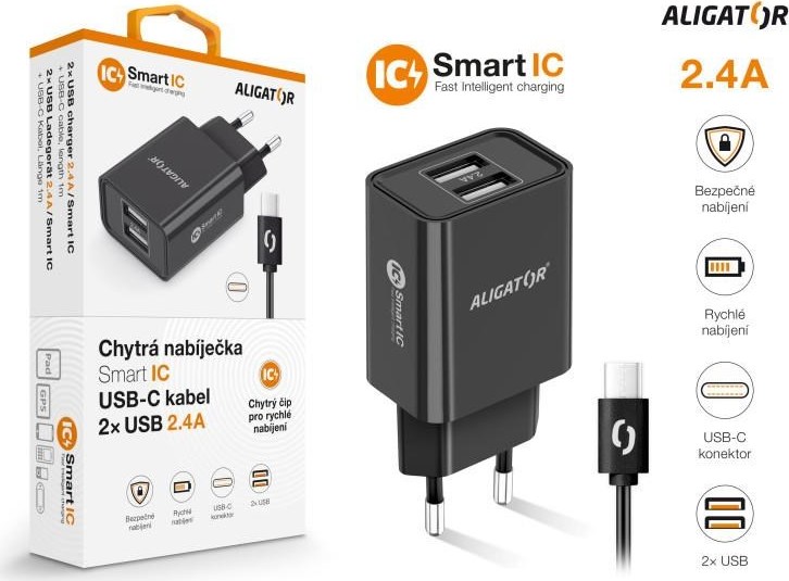 Aligator síťová nabíječka, 2x USB, smart IC, 2,4 A, kabel USB-C 2A, černá