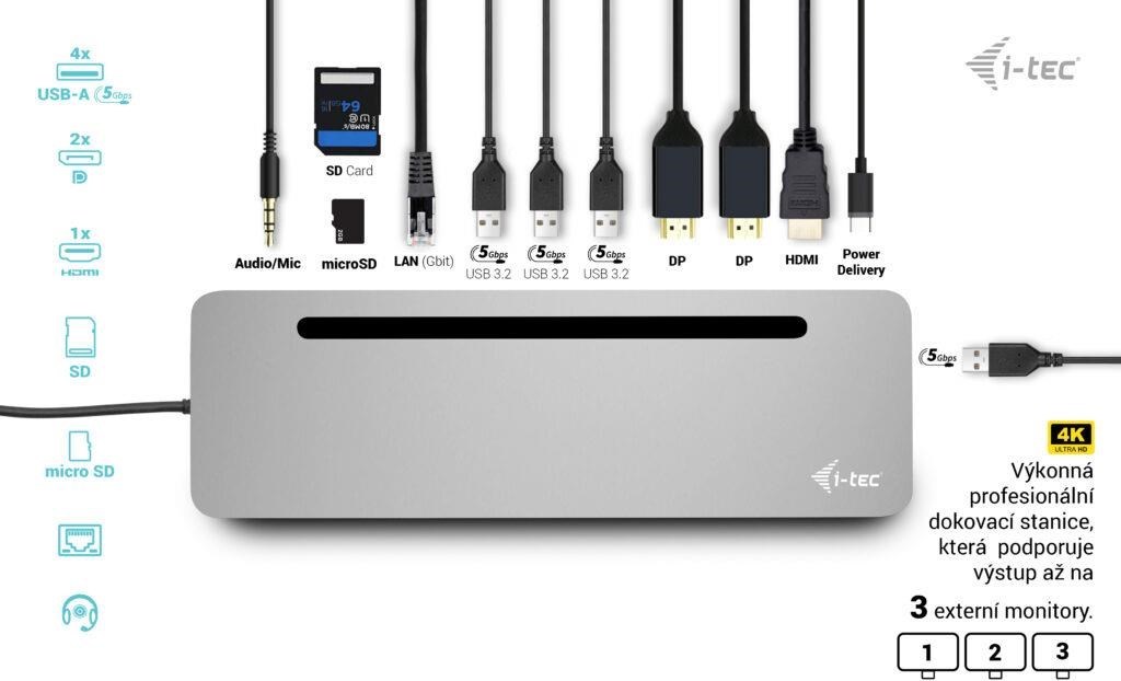 i-tec USB-C Metal Ergonomic 4K 3x Display Docking Station, PD 100W + i-tec Universal Charger 100W (bundle)