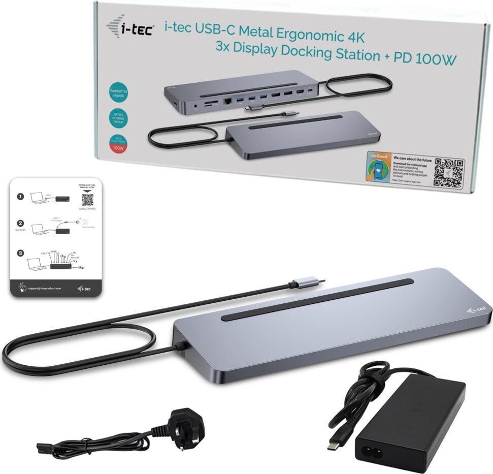 i-tec USB-C Metal Ergonomic 4K 3x Display Docking Station, PD 100W + i-tec Universal Charger 100W (bundle)