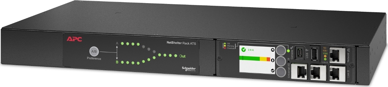 APC NetShelter Rack ATS, 230V, 16A, (8)C13 (1)C19 out, 1U, IEC-320 C20 (2)