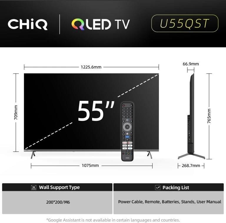 CHiQ U55QST TV 55", UHD, QLED, ultratenká, Google TV, DLG 120 Hz, Dolby Audio, Frameless, metalická
