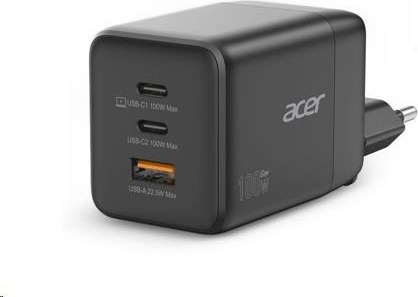 ACER Adaptér 100W GaN charger, 3porty: 2x USB-C + 1x USB-A ports, EU a UK zástrčka, textilní obal, black