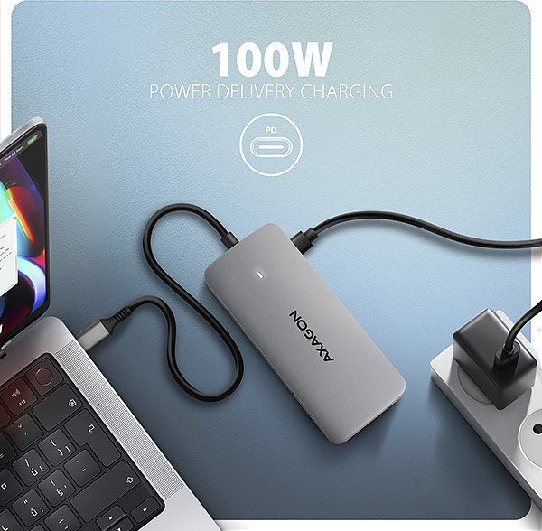 AXAGON HMC-CUB83X2, USB 10Gbps hub, 2x USB-A, USB-C, HDMI & DP 4k/144Hz, RJ-45 GLAN, PD 100W, kábel USB-C 15cm