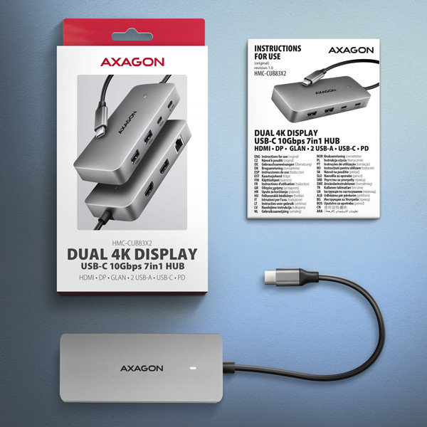AXAGON HMC-CUB83X2, USB 10Gbps hub, 2x USB-A, USB-C, HDMI & DP 4k/144Hz, RJ-45 GLAN, PD 100W, kábel USB-C 15cm