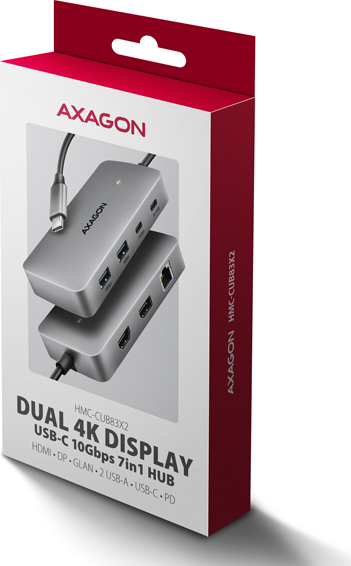 AXAGON HMC-CUB83X2, USB 10Gbps hub, 2x USB-A, USB-C, HDMI & DP 4k/144Hz, RJ-45 GLAN, PD 100W, kábel USB-C 15cm