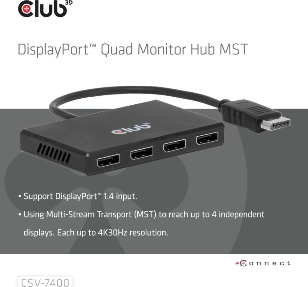 Club 3D Club3D hub MST (Multi Stream Transport) DisplayPort 1.4 na 4x DisplayPort, Quad monitor, 4x 4K30Hz, 8K30Hz