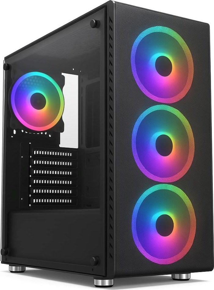 1stCOOL skříň Rainbow 4, Mid Tower, ATX, AU, Průhledná bočnice, 4x 120mm Fan, 650W, 88+, Černá